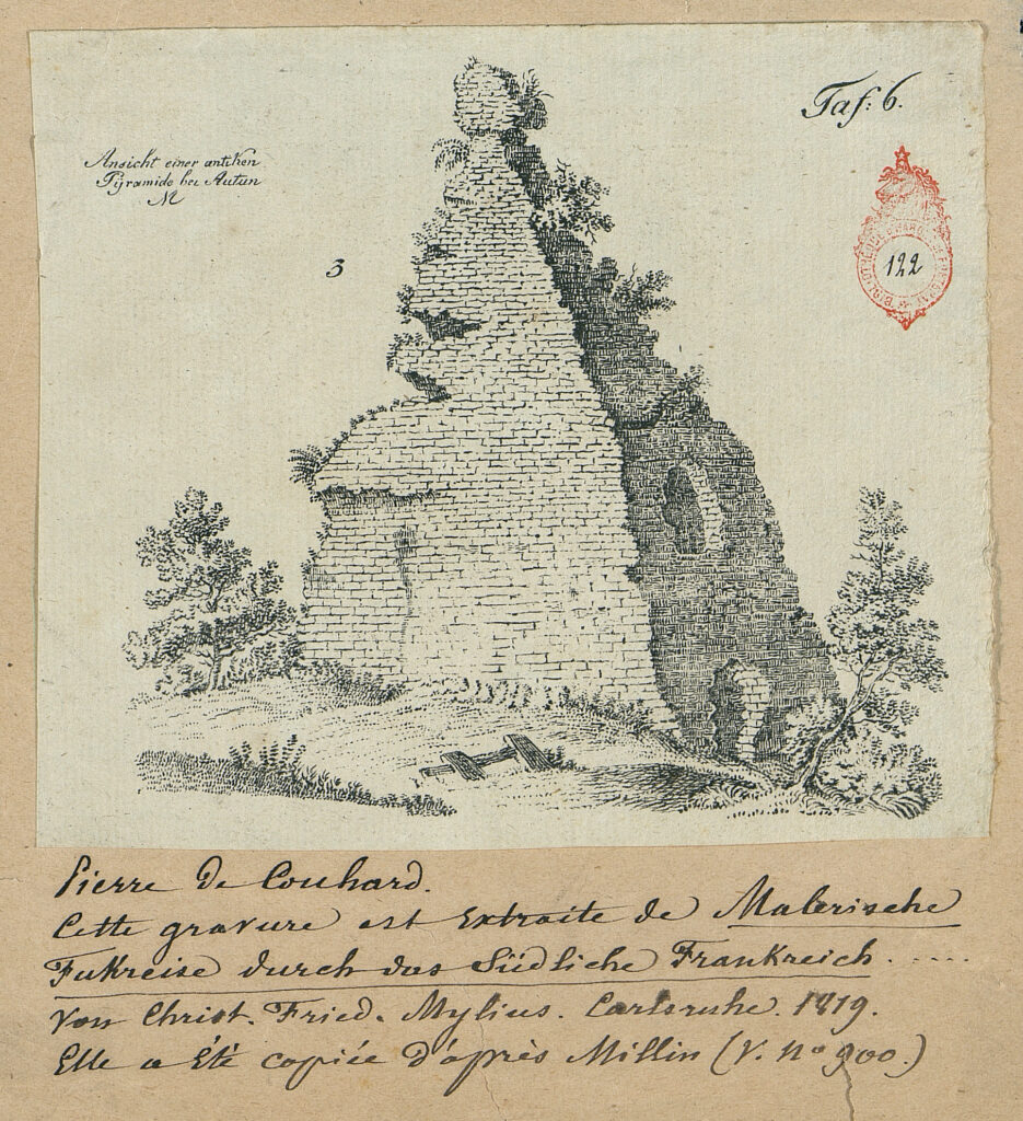 Pierre de Couhard. Cette gravure est extraite de Malersische. Fukreise durch das Südliche Frankreich von Christ. fried. Mylius. Carlsruhe.1819. Elle a été copiée d'après Millin.