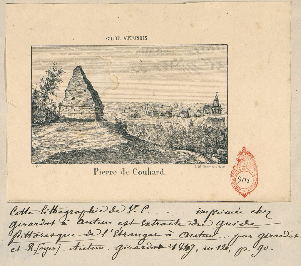 Guide Autunois.
Pierre de Couhard.
Cette lithographie de V.C. ... imprimée chez Girardot à Autun est extraite du Guide Pittoresque de l'Étranger à Autun par Girardot et R.oyer.