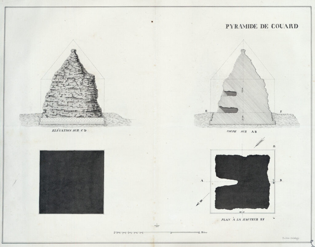 Pyramide de Couard.
Elevation sur CD.
Coupe sur AB.
Plan à la hauteur EF.