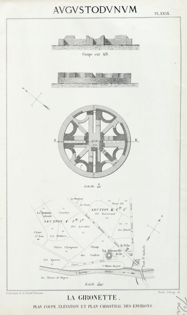 Augustodunum.
La gironette.
Plan, coupe, élévation et plan cadastral des environs.