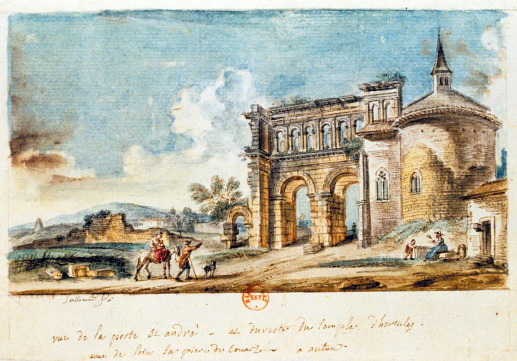 Vue de la porte Saint-André et du reste du temple d'Hercule, avec de loin la pierre de Couhard à Autun.