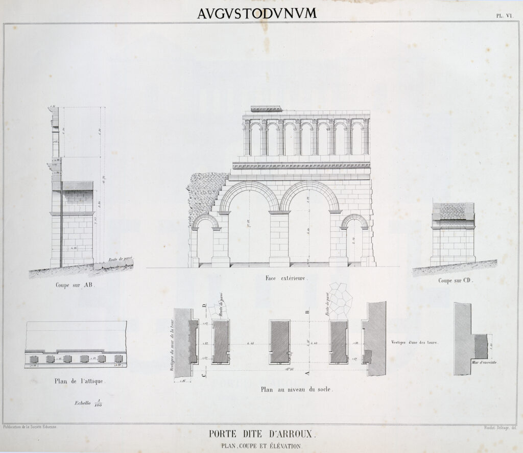 Augustodunum.
Porte dite d'Arroux. plan, coupe et élévation.