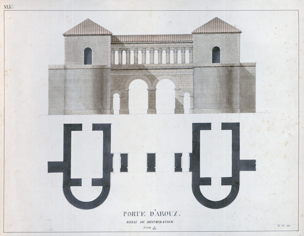 Porte d'aroux.
Essai de restitution. Echelle 8/1000.