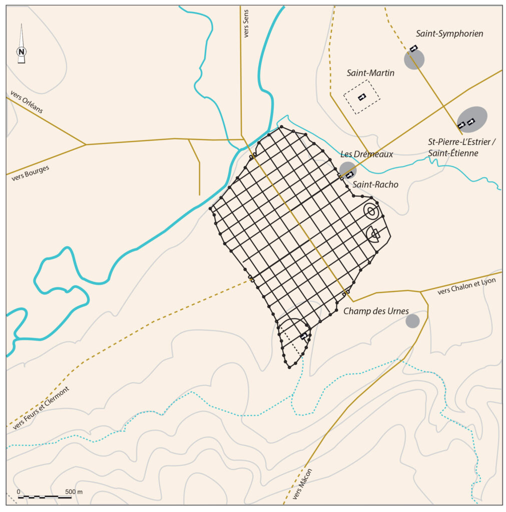Localisation de Saint-Pierre-l’Estrier sur un plan topographique du suburbium vers 600. En gris : les nécropoles ; rectangles noirs avec croix blanches : basiliques et monastères. (©M. Kasprzyk, Inrap)