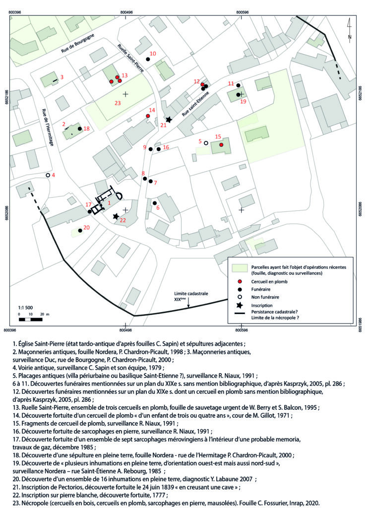 Hameau de Saint-Pierre-l’Estrier. Environnement archéologique pour l’Antiquité tardive. Fond de carte au 1 : 500. (©A. Tisserand d’après M. Kasprzyk)