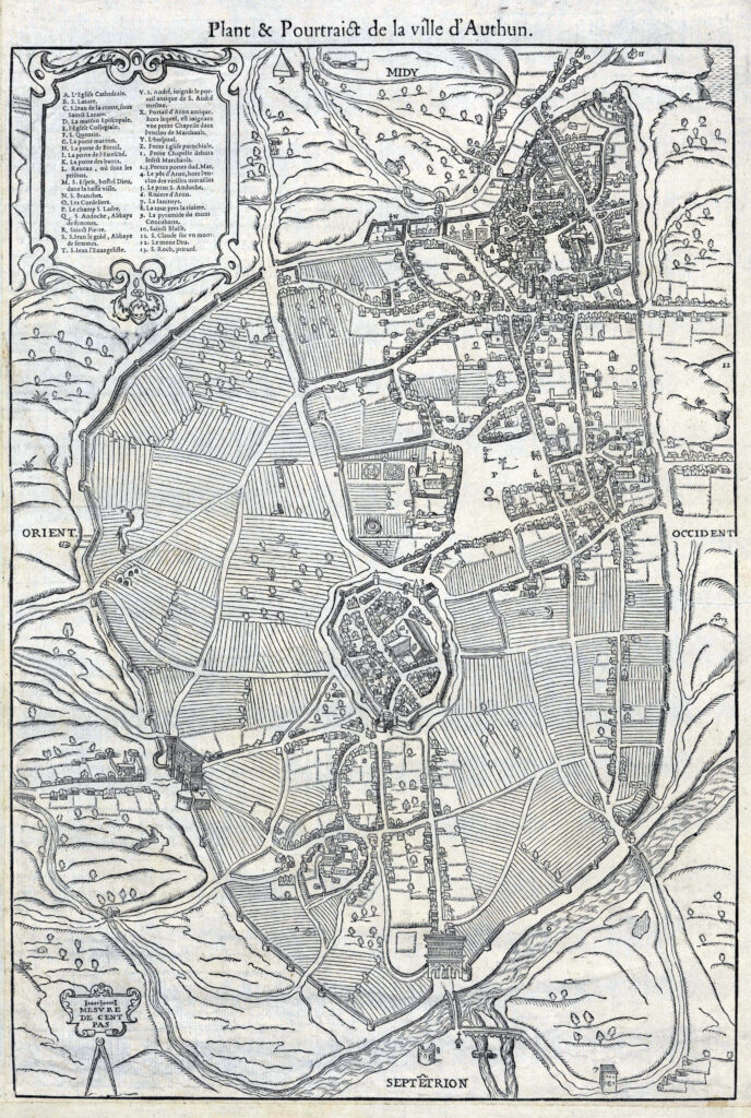 Autun, plan de Pierre Saint-Julien de Balleure (1580). Le nord est en bas de la figure. On distingue le quartier de la ville haute délimité par l’enceinte de l’Antiquité tardive en haut et le quartier de Marchaux au centre de la carte, les deux pôles principaux de la ville médiévale. (©Archives de Saône-et-Loire)