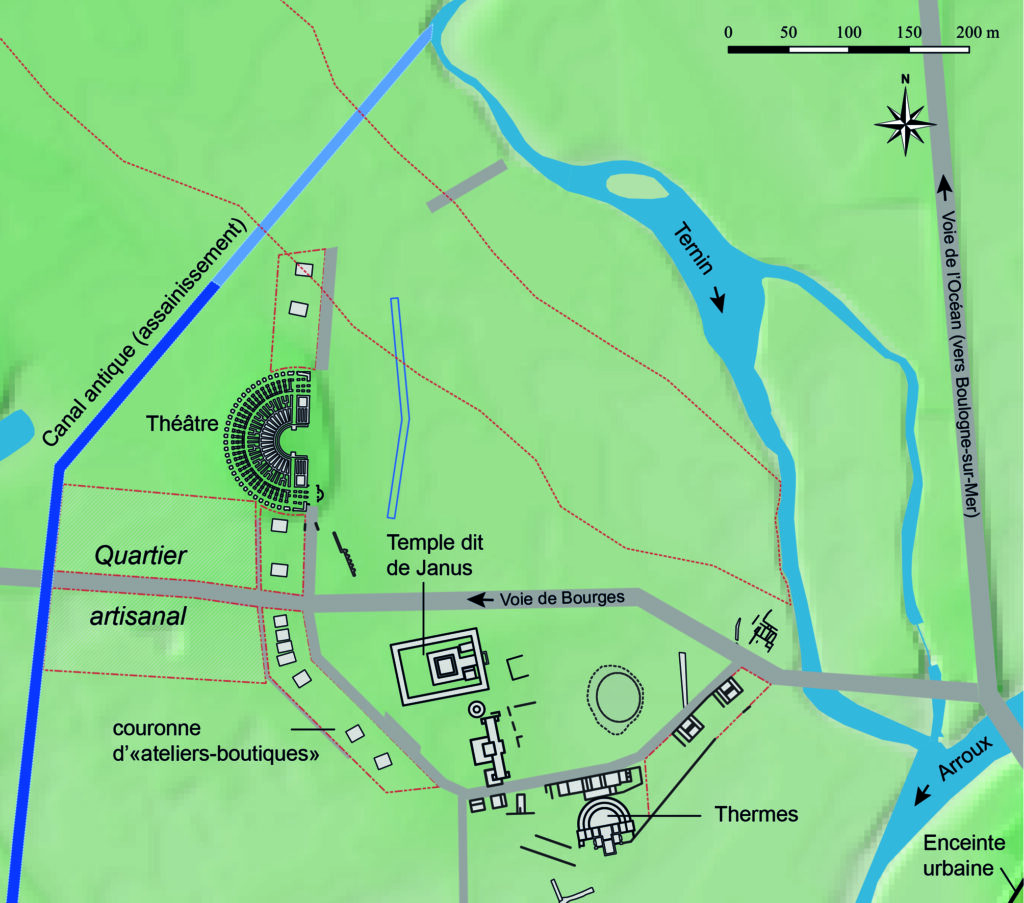 Plan synthétique du sanctuaire de la Genetoye à partir des résultats des fouillées programmées réalisées entre 2013 et 2022. (©S. Alix, Inrap)