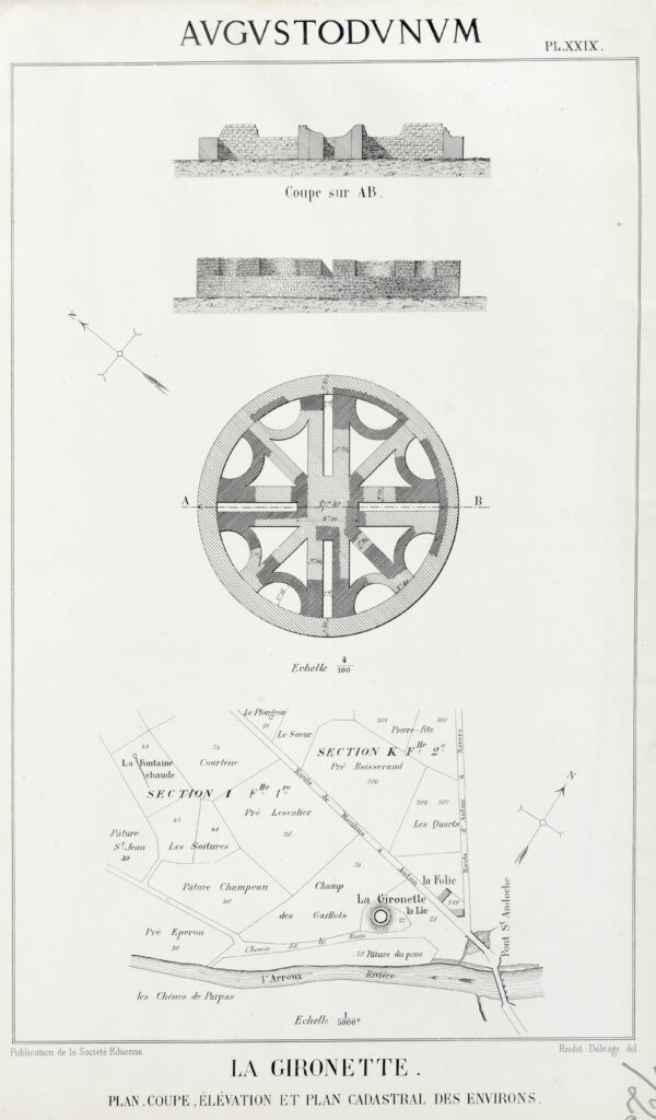 Augustodunum
La Gironette.
Plan, coupe, élévation et plan cadastral des environs.