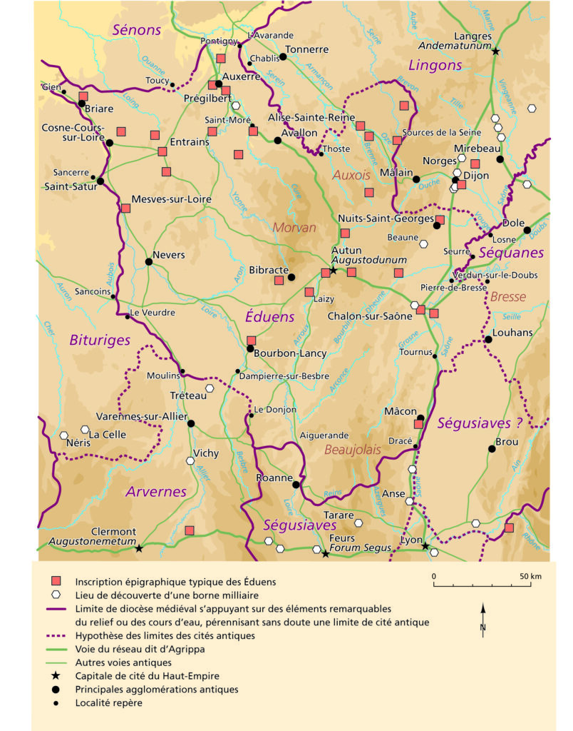 Le territoire éduen à la fin du Haut-Empire (IIème-IIIème siècles) ; localisation de Bibracte et Autun-Augustodunum. (©M. Kasprzyk, Inrap et P. Nouvel, Université Bourgogne-Europe)