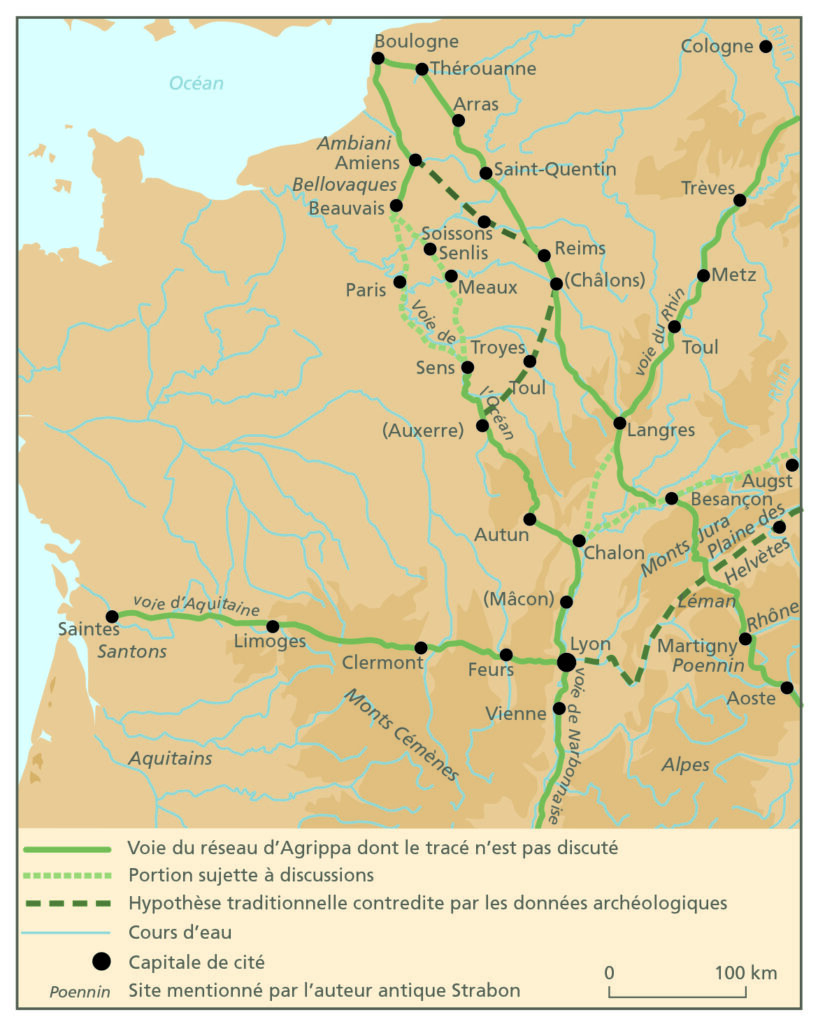 Réseau des voies attribué au général romain Agrippa. (©M. Kasprzyk, Inrap et P. Nouvel, Université Bourgogne-Europe)