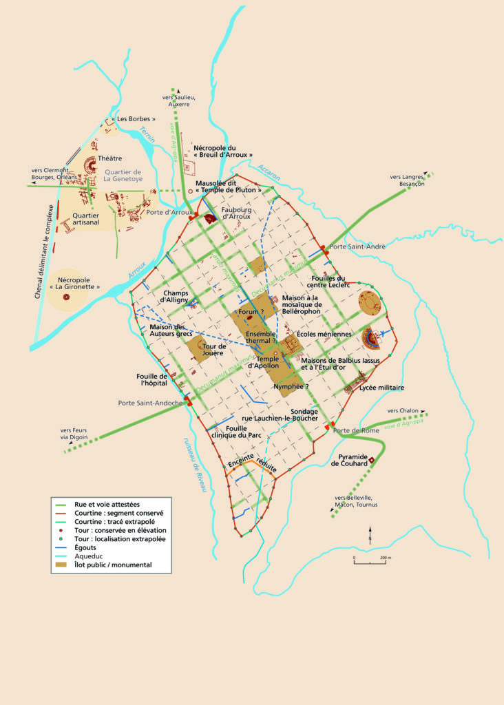 Plan synthétique actuel des vestiges de la ville antique et de son sanctuaire périurbain (La Genetoye). 
